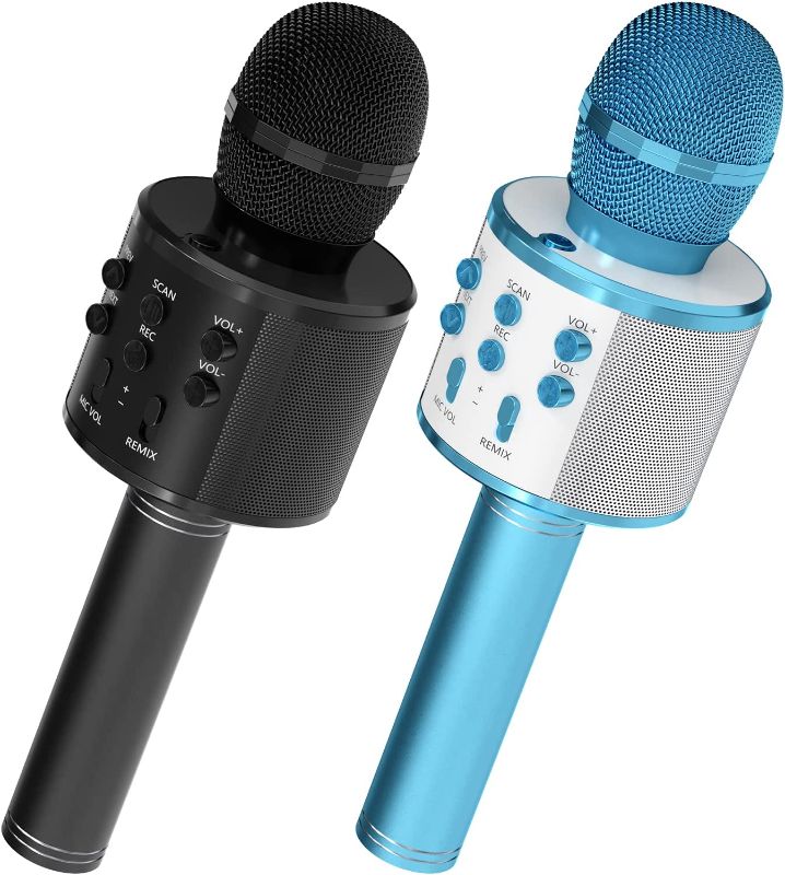 Photo 1 of OVELLIC 2 Pack Karaoke Microphone for Kids, Wireless Bluetooth Karaoke Microphone for Singing, Portable Handheld Mic Speaker Machine, Great Gifts Toys for Girls Boys Adults All Age (Black & Blue)
