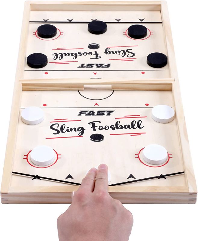 Photo 1 of  Toydaze Sling Foosball Fast Sling Puck Game with Extra 10 Pucks & 2 Slingshots for Spare Use, Portable Slingpuck Board Game for Child, Foosball Slingshot Game Board, Available in Large & Small Sizes
