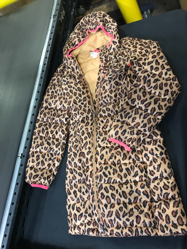 Photo 2 of Amazon Essentials Girls' Long Lightweight Hooded Puffer Jacket, Leopard, XX-Large
