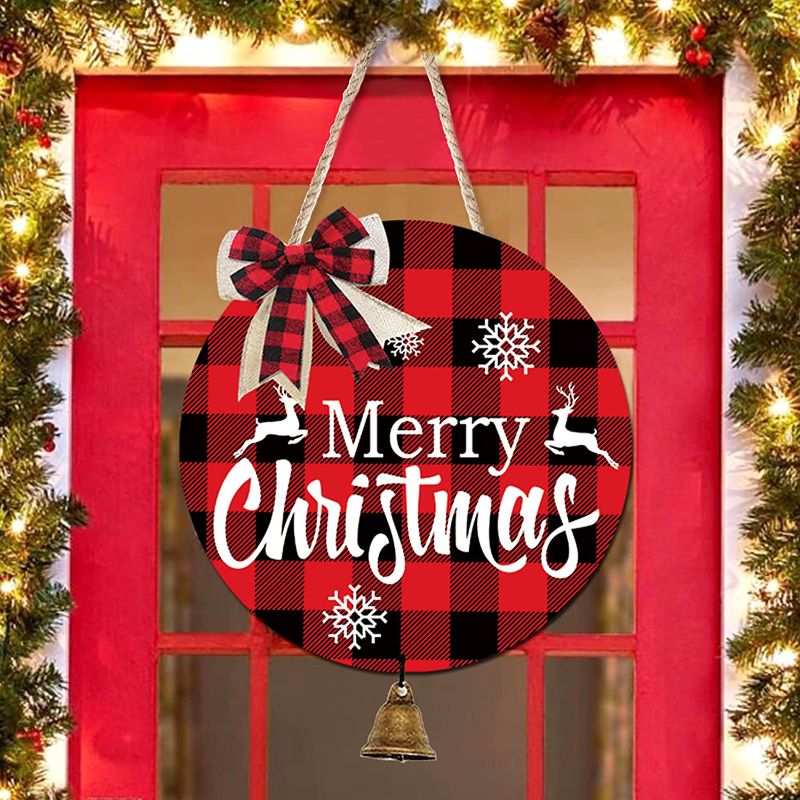 Photo 1 of Merry Christmas Front Door Decoration Buffalo Plaid Door Hanging Sign with Bell, Rustic Wooden Holiday Decor for Christmas Home Window Wall Farmhouse Indoor Outdoor Decorations (Red and Black)
