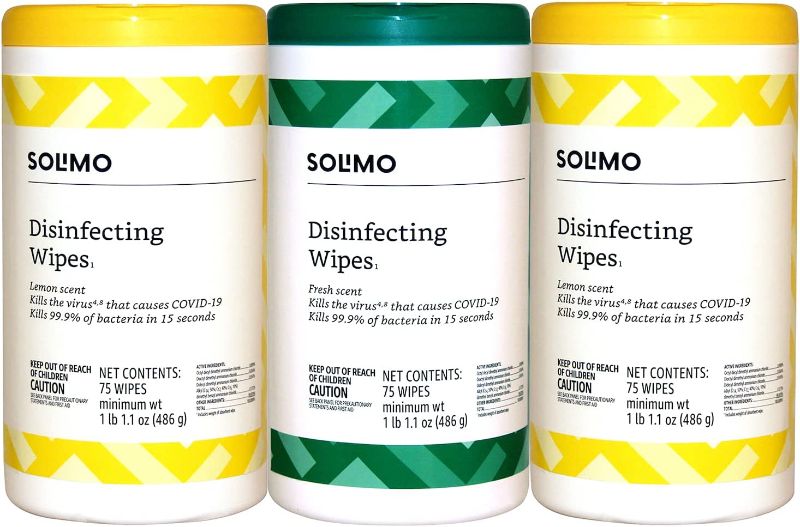 Photo 1 of Amazon Brand - Solimo Disinfecting Wipes, Lemon Scent & Fresh Scent, Sanitizes/Cleans/Disinfects/Deodorizes, 75 Count (Pack of 3)
