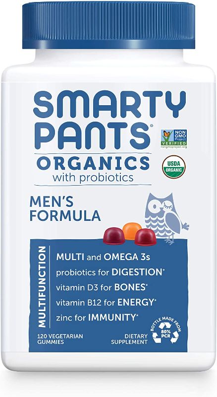 Photo 1 of SmartyPants Organic Mens Multivitamins, Daily Gummy Vitamins: Probiotics, Vitamins C, D3, B12, Zinc & Omega 3 for Immune Support, Digestive Health, Energy, & Bone Health, 120 Gummies, 30 Day Supply
exp - 2023 - sticker on bottle 