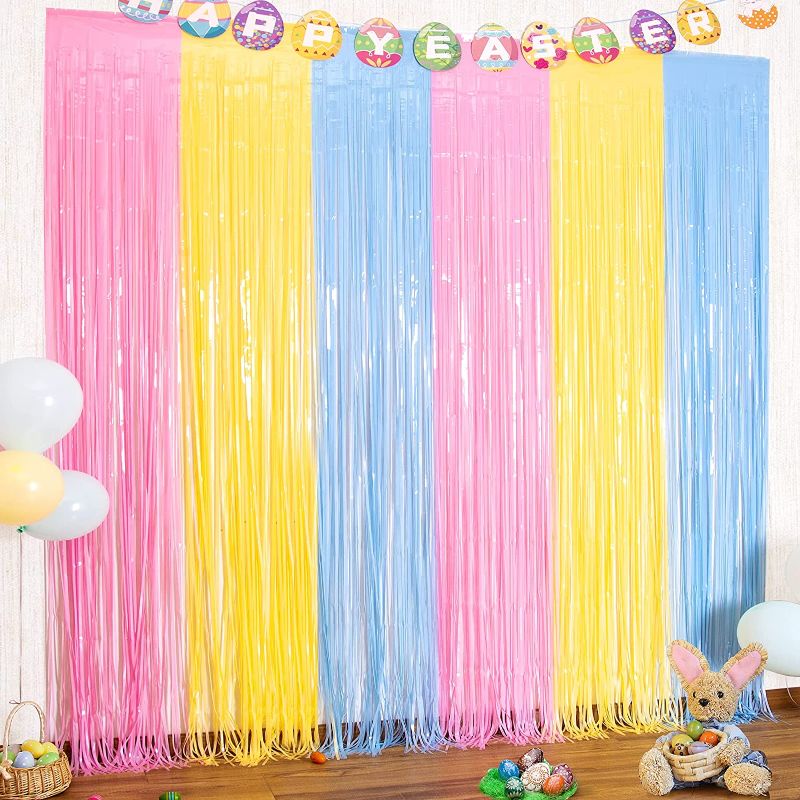 Photo 1 of LOLStar 3 Pack Easter Theme Pastel Foil Fringe Curtains Easter Party Decoration 3.3x8.2 ft Pink Yellow Blue Tinsel Curtains Colorful Photo Booth Prop Streamer Backdrop for Easter Birthday Party Decor
