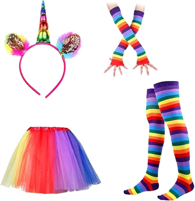 Photo 1 of LUOEM Unicorn Headband Rainbow Tutu Skirt with Striped Thigh High Socks and Long Gloves Adult Unicorn Cosplay Costume Set
- ONE SIZE 