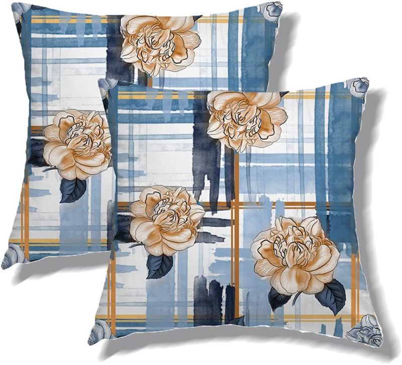 Photo 1 of Blue Throw Pillow Covers 18x18 Inches Orange Khaki Ombre Flower Floral Hand Painted Ink Blue Checkers Stripes Graffiti Turquoise Modern Style Comfortable Velvet printed square home decoration set of 2
