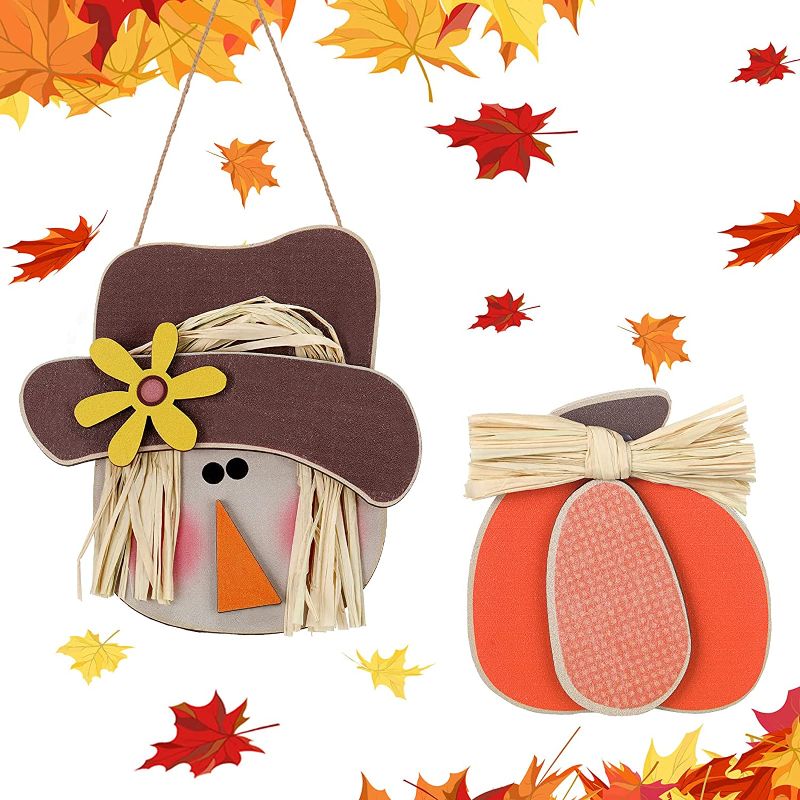 Photo 1 of 2x Set of 2 Fall Harvest Thanksgiving Decor Pumpkin Fall Tiered Tray Decor Rustic Wood Hanging Scarecrow Wall Decor for Autumn Harvest Halloween Thanksgiving Christmas Decoration
