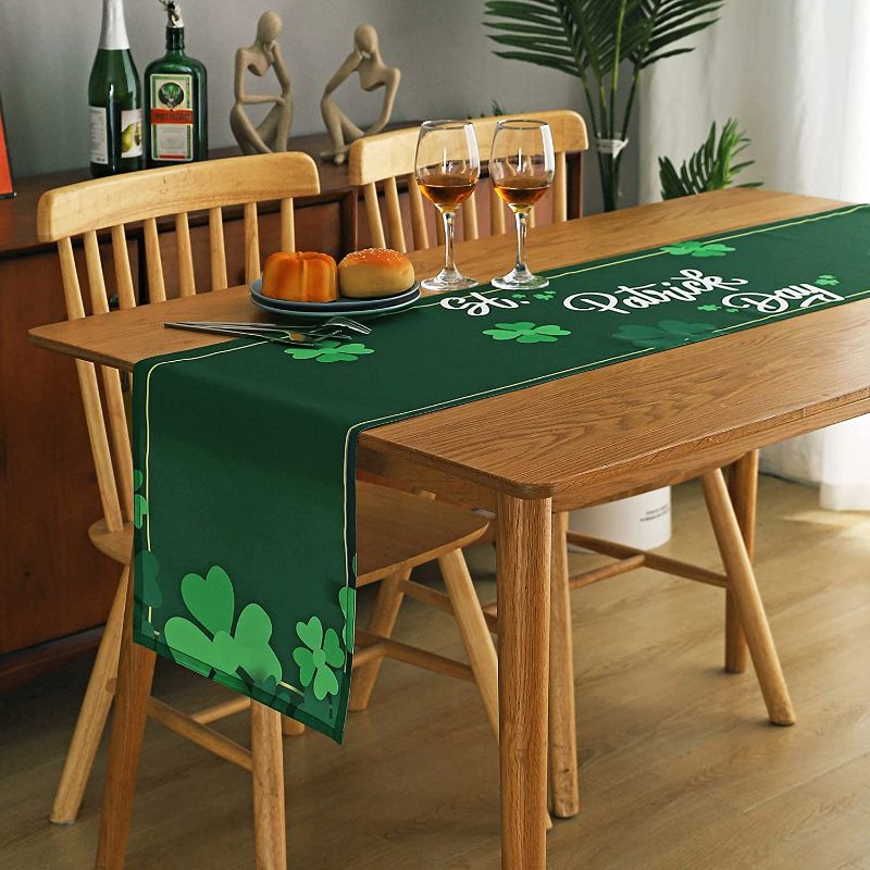 Photo 1 of 2x St.Patrick's Day Table Runner, Green Shamrock Waterproof Kitchen Table Decor for Holiday Party Home, Irish Clover Lucky Table Runner, 14 x 72 Inch
