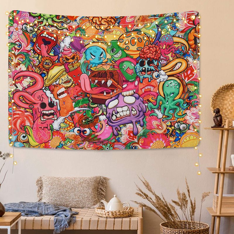 Photo 1 of 2x Livole Psychedelic Abstract Tapestry Fractal Colorful Monster Tapestry Hippie Octopus Floral Tapestry Monster Eyes Tapestry Fantasy Trippy Tapestry for Room (59.1 x 82.7 inches), Multicolor
