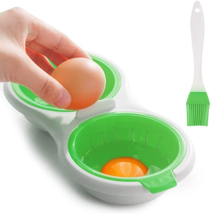 Photo 1 of 2x Microwave Egg Poacher Cooker, Food Grade Double Drain Egg Boiler Set for Egg Separation with Basting Brush, Making Breakfast Quickly, Green
