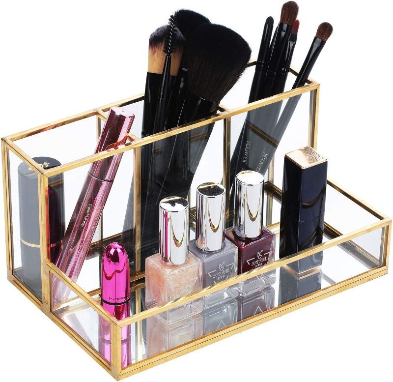 Photo 1 of Makeup Brush Holder, Handcrafted Clear Glass Cosmetic Brushes Organizer Nordic Style Elegant Pen Pencil Holder Decoration Make up Brushes Holder with 4 Compartment for Vanity Bathroom Bedroom Office
