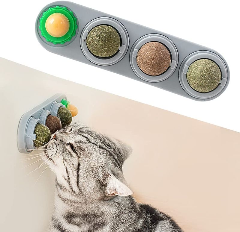 Photo 1 of 4 Pack Catnip Toys, Silvervine Wall Balls, Edible Kitty Toys for Cats Lick, Safe Healthy Kitten Chew Toys, Teeth Cleaning Dental Cat Ball Toy, Cat Wall Treats