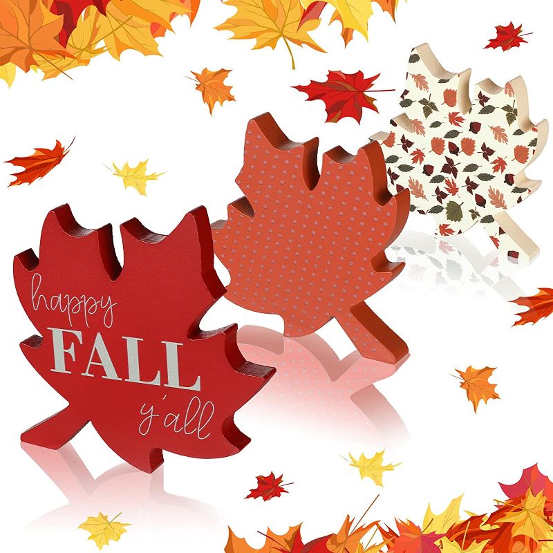 Photo 1 of 3 Pieces Fall Table Centerpieces Thanksgiving Maple Leaf Decor Wooden Fall Maple Leaves Rustic Harvest Leaves Thanksgiving Tiered Tray Decor for Thanksgiving Party Table Decor (Rustic Pattern)
