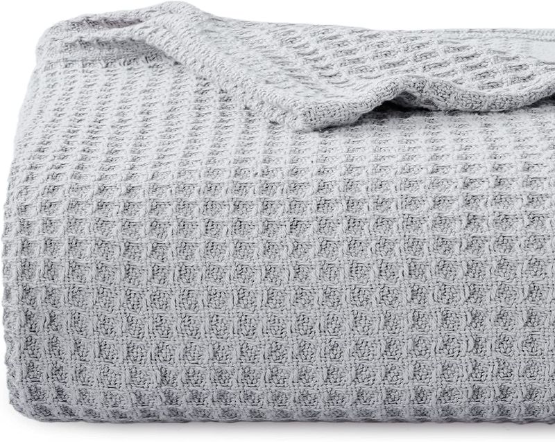 Photo 1 of Bedsure 100% Cotton Blankets Queen Size for Bed - Grey 405GSM Waffle Weave Soft Lightweight Thermal Bed Blankets Queen Size, 90x90 inches
