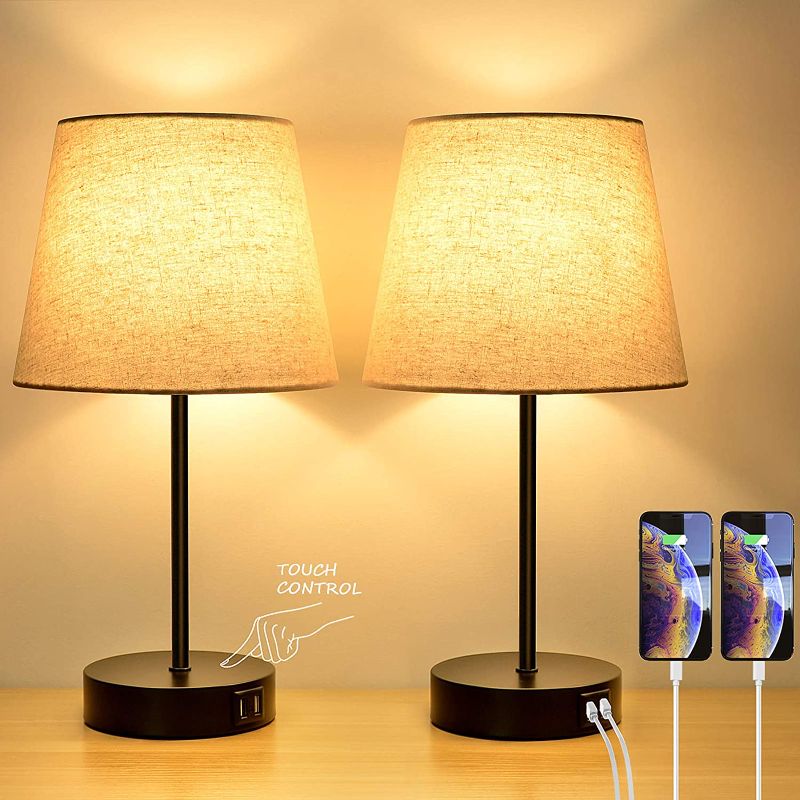 Photo 1 of 3-Way Touch Control Dimmable Table Lamp with 2 USB Charging Ports&1 Power Outlet, Set of 2 Bedside Nightstand Lamps Fabric Shade, Modern Desk Lamp for Bedroom Living Room Office, E26 LED Bulb Included
