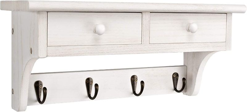 Photo 1 of Emfogo Coat Hooks Wall Mounted, Rustic Wood Coat Rack Wall Mount Shelf with Hooks, Farmhouse Wall Coat Rack with Shelf & Vintage Coat Hook for Entryway, Mudroom, Bedroom, Kitchen, Bathroom (White)
