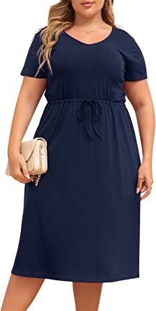 Photo 1 of Nemidor Womens Plus Size Casual V Neck Short Sleeve A-line Slit Midi Dress with Pocket NEM302
Size: 20