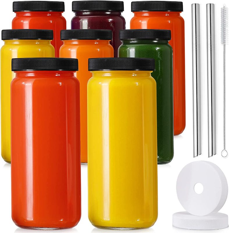 Photo 1 of [ 8 Pack ] Glass Juicing Bottles with 2 Straws & 2 Lids w Hole- 16 OZ Travel Drinking Jars, Water Cups with Black Airtight Lids, Reusable Tall Mason Jar for Juice, Boba, Smoothie, Tea, Kombucha

