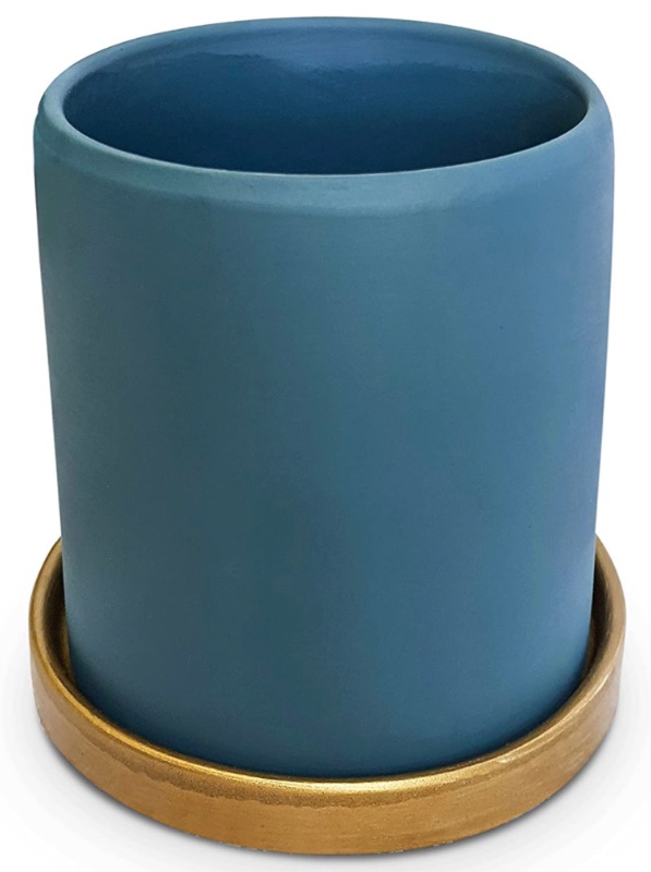 Photo 1 of Potss Cylindrical Ceramic Planeter Pot - 4.3 Inch Ceramic Pot with Golden Tray (Dark Cyan)