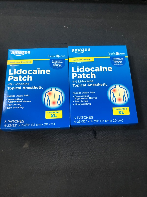 Photo 2 of Amazon Basic Care Lidocaine Patch, 4% Topical Anesthetic, 12 cm x 20 cm, Maximum Strength Pain Relief Patch, Fragrance Free, 2 Count 
