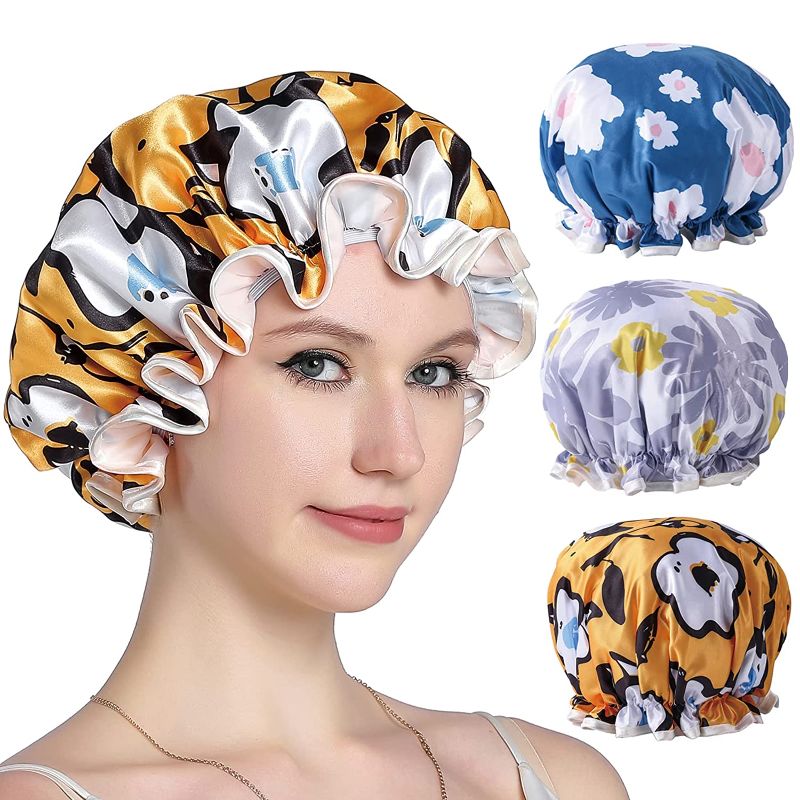 Photo 1 of YIZIJIZI 3 Pack Reusable Shower Cap, Large Shower Caps for women, Double Layer Waterproof Hair Caps for Long Thick Hair Bath Caps for Hair Care…(Flower)
