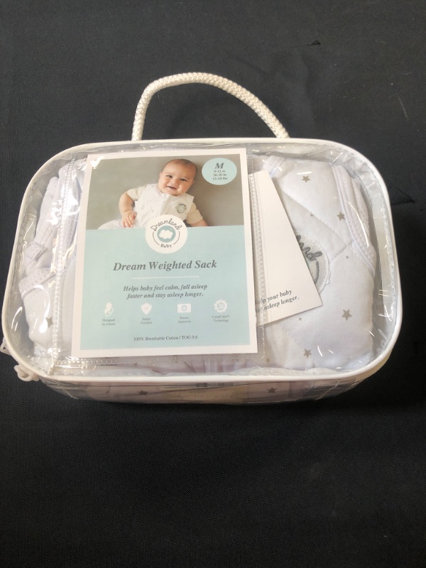 Photo 2 of Dreamland Baby Weighted Sleep Sack | Gently Weighted Sleep Sack | 100% Natural Cotton | 2-Way Zipper | Machine Washable and Dryable | White with Gray Star, MD (6-12 Mo.)
