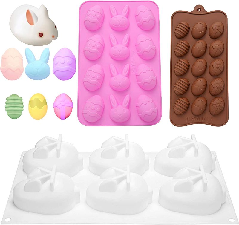 Photo 1 of 3 Pieces 3D Easter Bunny Silicone Mold Easter Egg Chocolate Candy Molds Chocolate Mold Easter Candy Cookie Mould Silicone Baking Mold for Home, Kitchen, DIY Baking
