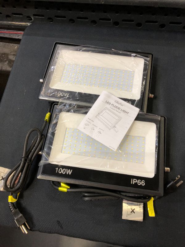 Photo 1 of Olafus 2 Pack 100W LED Flood Light Outdoor, 9000lm LED Work Light with Plug, IP66 Waterproof Exterior Security Lights, 6500K Daylight White Outside Floodlights for Playground Yard Stadium Lawn Ball
