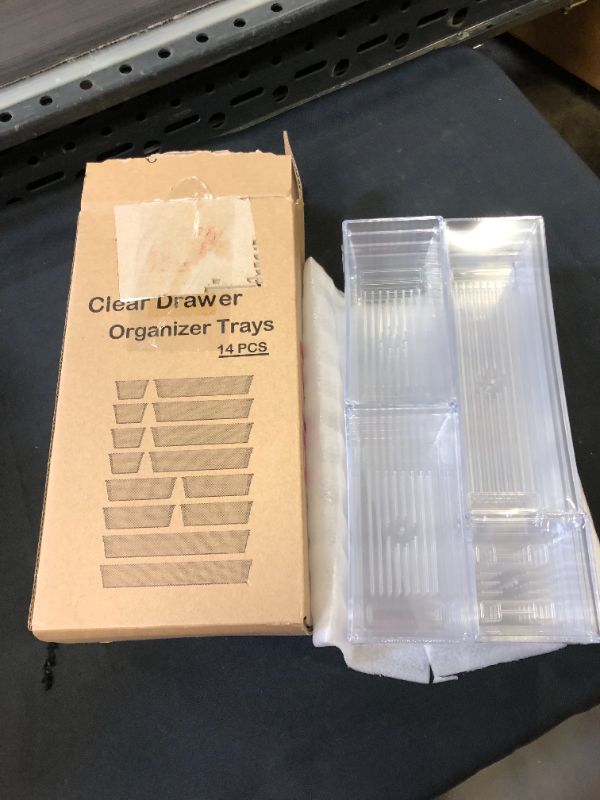 Photo 1 of CLEAR DRAWER ORGANIZER TRAYS - 14 PCS - VARIOUS SIZES