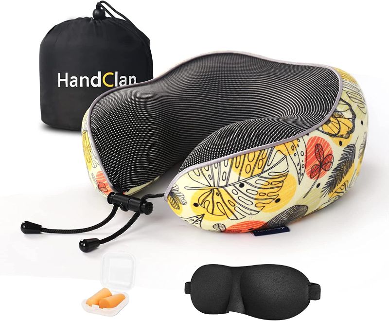 Photo 1 of HandClap Memory Foam Travel Neck Pillow,Comfortable&Breathable Machine Washable Digital Printed Pattern Cover,for Airplane Car&Home Use,Travel Kit with 3D Contoured Eye Masks,Earplugs(Yellow Leaves)
