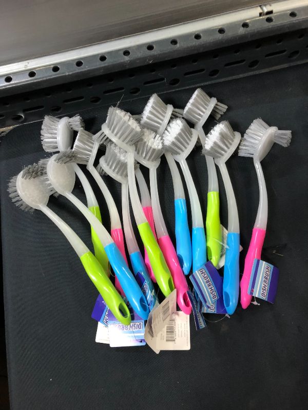 Photo 2 of 12 Handled Dish Brushes with Corner Catchers - 3 Colors - Thick, Durable Plastic - 11" H (12)
