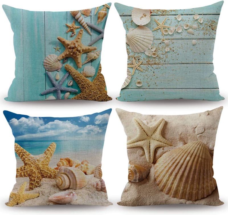 Photo 1 of CARRIE HOME Nautical Coastal Decor Starfish/Seashell/Sand/Beach House Decorative Throw Pillow Covers 18 x 18 Inch for Party, 4 Pack
