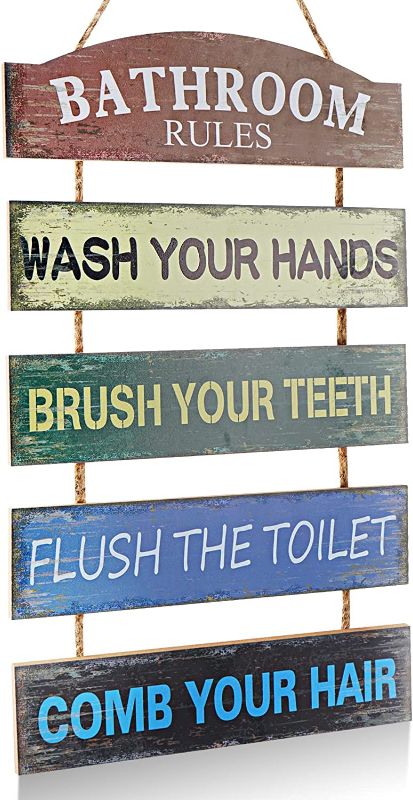 Photo 1 of Bathroom Sign Rustic Bathroom Rules Wall Art Decor Farmhouse Decorations Funny Modern Vintage Wash Your Hands Kids Cute Half Bathroom Sign
