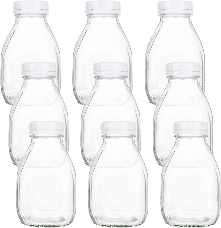 Photo 1 of Bekith 9 Pack 16oz Heavy Glass Milk Bottles with White Screw On Caps, Vintage Breakfast Shake Container for Beverage Glassware and Drinkware Parties, Weddings, BBQ, Picnics
