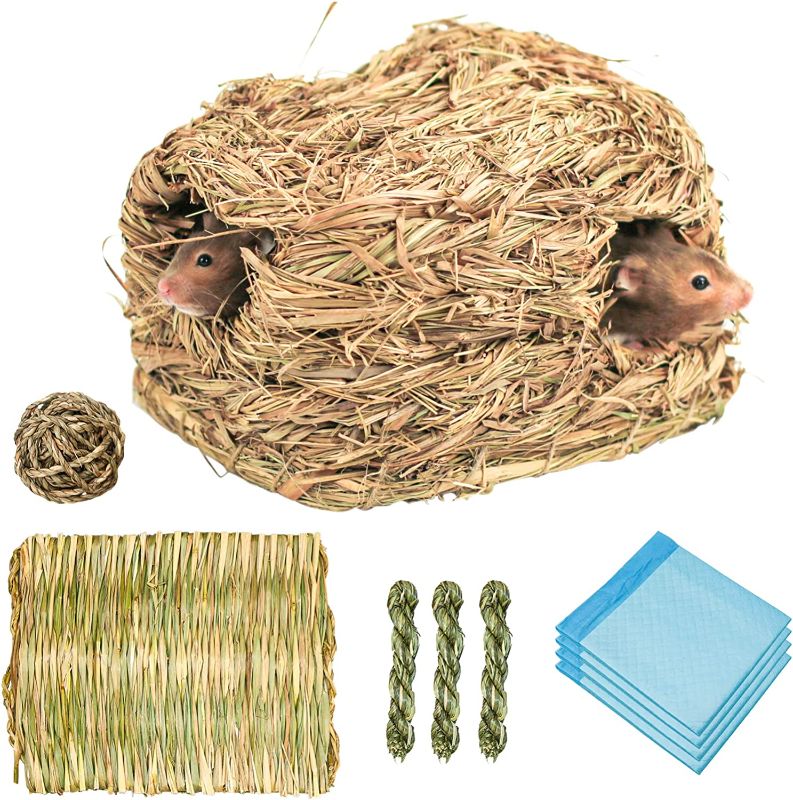 Photo 1 of suruikei Portable Grass Bed with Grass Balls, Natural Straw Woven Grass Bed Sleeping Pad Bunny Chew Toys Hay Mat for Rabbit Hamster Gerbil Chinchilla Guinea Pig Mice Other Small Animals
