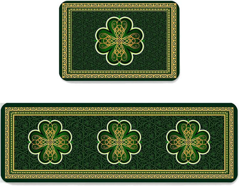 Photo 1 of Homeown Comfort Kitchen Rug Set 2 Piece, Non Slip Cushioned Floor Mat St. Patrick's Day Green Shamrock Absorbent Carpet for Laundry Bathroom Living Room 15.7x23.6in+15.7x47.2in Clover Green
