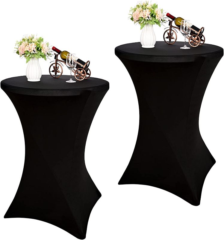 Photo 1 of 2 Pack 32x43 Inch Cocktail Spandex Stretch Square Corners Tablecloth, Fitted Stretch Cocktail Table Cover for High Top Round Tables, Black Cocktail Table Covers for Wedding, Birthday, Party