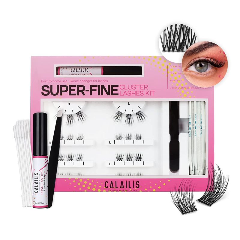 Photo 1 of (3)DIY Eyelash Extension,CALAILIS Cluster Lashes Individual Cluster Lashes Kit Super Thin Glue-based Band with 48 Hours Cluster Lash Glue, Tweezers and Cotton Swab Glue Remover,03 kit