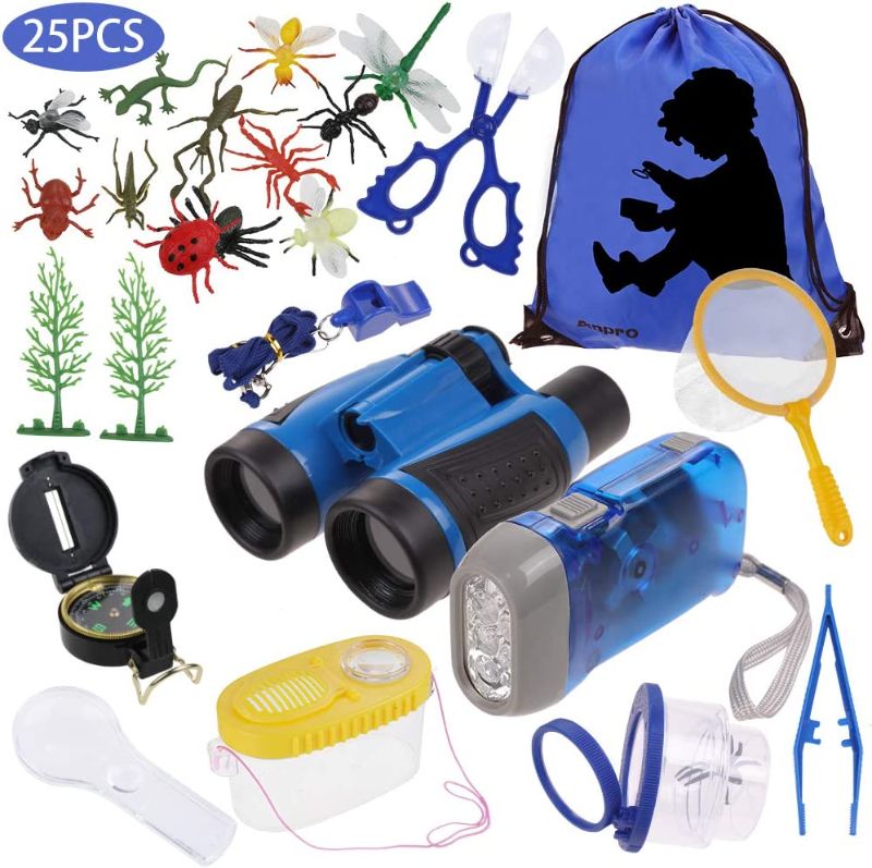 Photo 1 of Anpro 25pcs Kids Outdoor Explorer Kit, Children Adventure Toys Gift for Boys and Girls Including Kids Telescope, Compass, Flashlight, Suitable for Over 6 Years Old