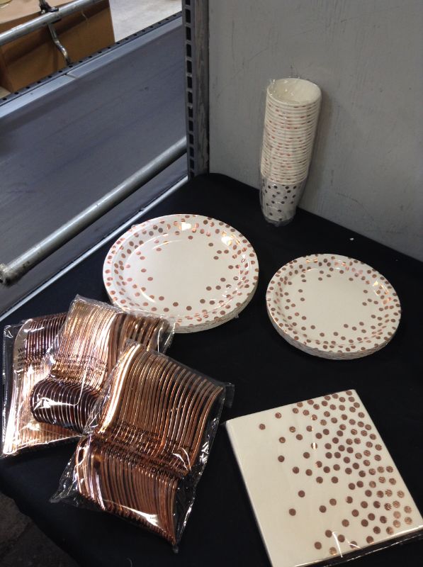 Photo 2 of 
175 Pieces Rose Gold Party Supplies - Rose Gold Dot on White Paper Plates and Napkins Cups Silverware Serves 25 Sets for Wedding Bridal Shower Engagement