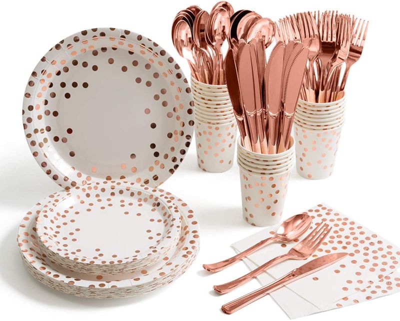Photo 1 of 
175 Pieces Rose Gold Party Supplies - Rose Gold Dot on White Paper Plates and Napkins Cups Silverware Serves 25 Sets for Wedding Bridal Shower Engagement