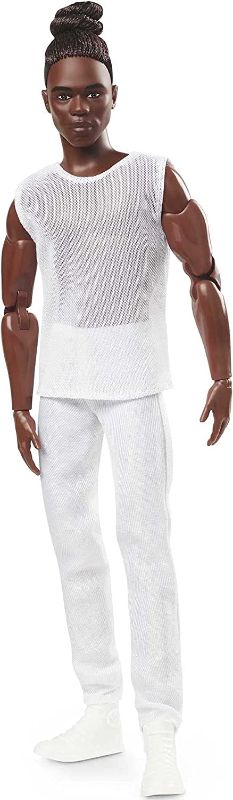 Photo 1 of Barbie Signature Looks Ken Doll (Brunette with Braids & Bun Hairstyle) Fully Posable Fashion Doll Wearing White Shirt & Pants, Gift for Collectors