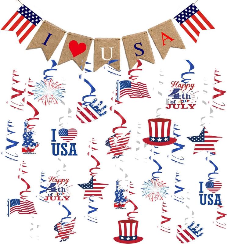 Photo 1 of DmHirmg 4th of July Decorations,Patriotic Decorations Include 4th of July Burlap Banner and Fourth of July Decorations Hanging Swirl,Independence Day Decor for Home Patriotic Party Supplies (31)2 pACKS