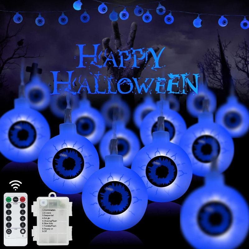 Photo 1 of 30 LED Halloween Eyeball String Lights-16FT Outdoor Halloween Lights Waterproof, Remote with 6-Hours Timer, 8 Flashing Modes, Battery Operated, Dimmable for Garden, Party, Indoor Decoration (Blue)