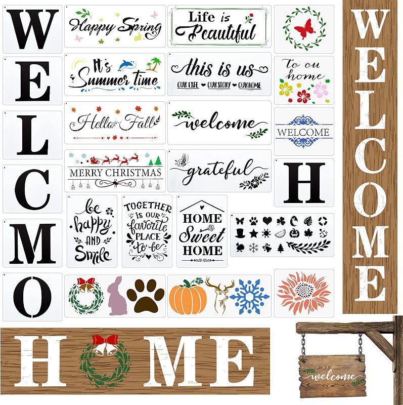 Photo 1 of 25 Pieces Large Welcome Stencils Seasonal Stencils Thanksgiving Welcome Stencils Home Sign Porch Sign Stencils Sunflower Dog Paw Templates for DIY Scrapbooks Front Door Crafts Decor Making
