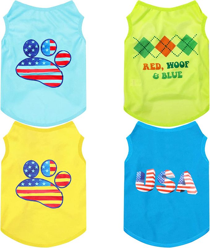 Photo 1 of 4 Pieces Pet Breathable Shirts Independence Day Dog Shirt Cute Printed Puppy T-Shirts Patriotic Pet Apparel Soft Puppy Clothes for 4th of July Pet Dog Cat Clothing (Footprint, Blocks,Large)