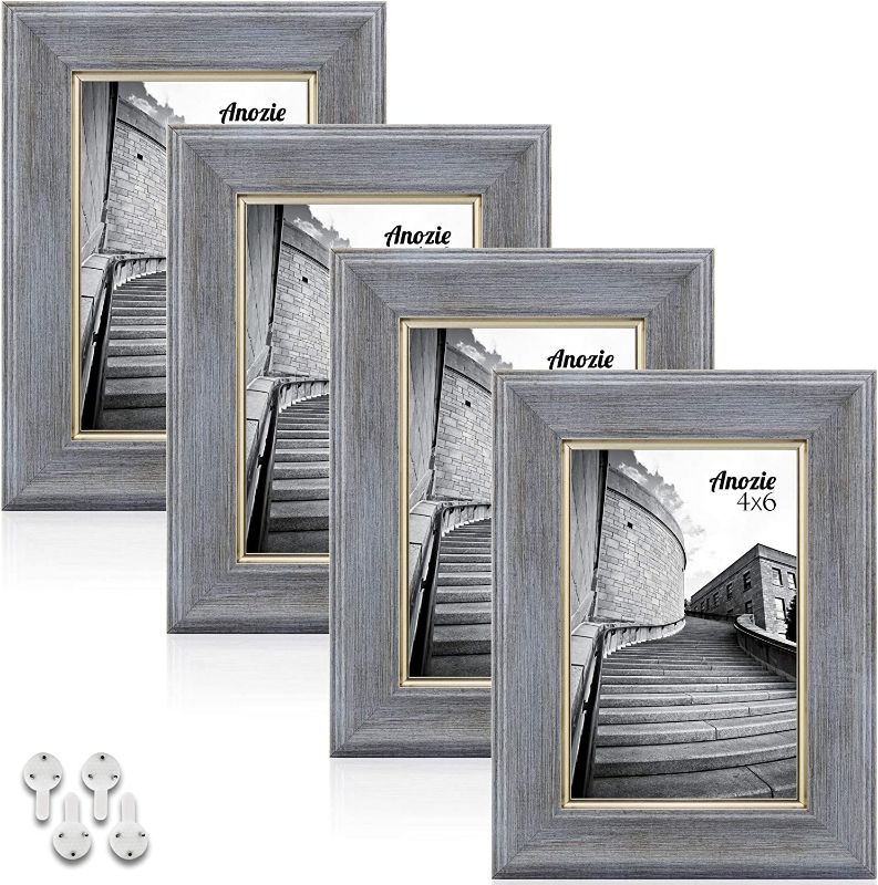 Photo 1 of Anozie 4X6 Picture Frames(4 Pack, Graywashed) Elegant Design Photo frame Set with HD Real Glass for Tabletop or Wall Mount Display, Modern Collection (Graywashed, 4X6)