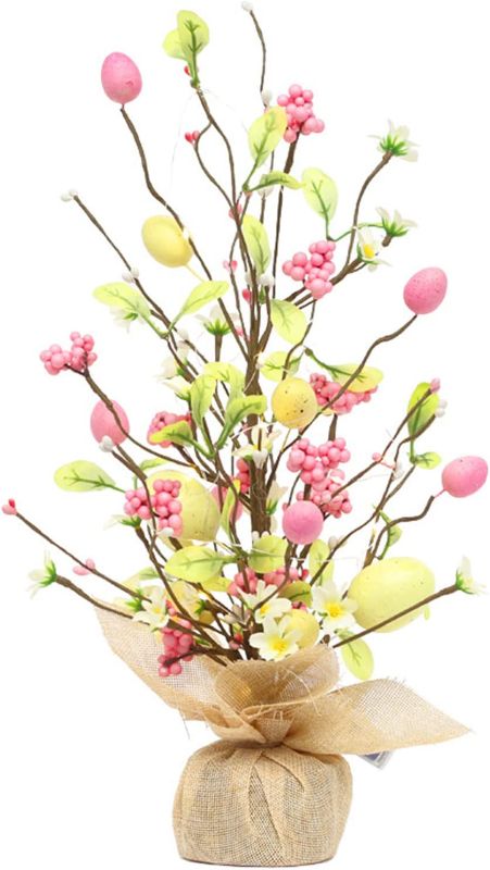 Photo 1 of 17.7 In Lighted Easter Egg Floral Tree with Burlap Base Decorative Tree Table Centerpiece, Berries and Flowers, LED Tabletop Tree Lamp Artificial Branch Tree with Cement Base for Easter Party (Yellow)