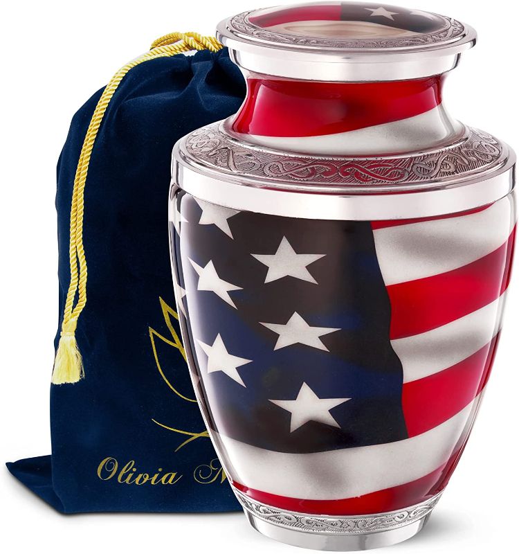 Photo 1 of American Flag Patriotic and Veteran Cremation Urns for Human Ashes Adult Male | Funeral Decorative Urn for Men Carefully Handcrafted with Necklace, Police Dog K9 Army Firefighter