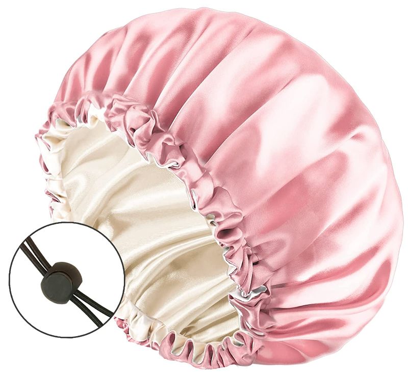 Photo 2 of  Auban Large Bonnet Sleep Cap Hair Wrap for Curl, Double Layer Satin Lined Bonnet for Sleeping Bag Adjustable Elastic Lace Band Hair Silk Wrap for Women Hair Oil Care after Use Hot Comb or Hair Brush