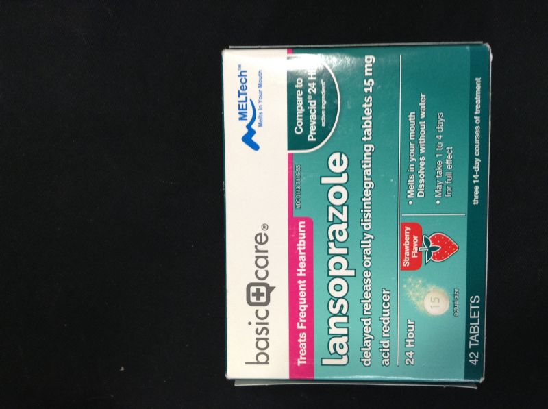 Photo 2 of  EXP 10/22 Amazon Basic Care Lansoprazole Delayed Release Orally Disintegrating Tablets 15 mg, Acid Reducer, Strawberry Flavor, 42 Count